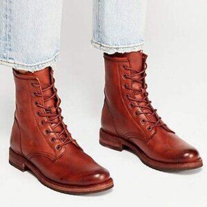 $399 Frye Veronica Combat Cognac Leather Lace Up Moto Combat Comfy Low Heel Boot